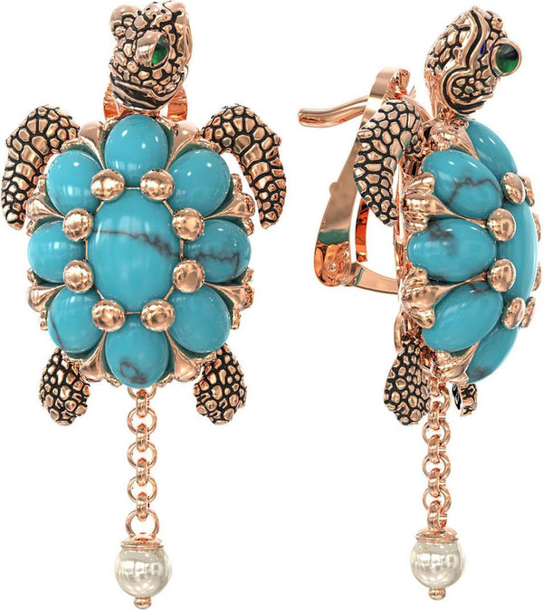 Серьги из золота c эмаль , жемчугом и бирюзой