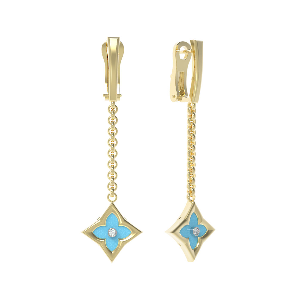 Серьги из лимонного золота c бриллиантами и бирюзой