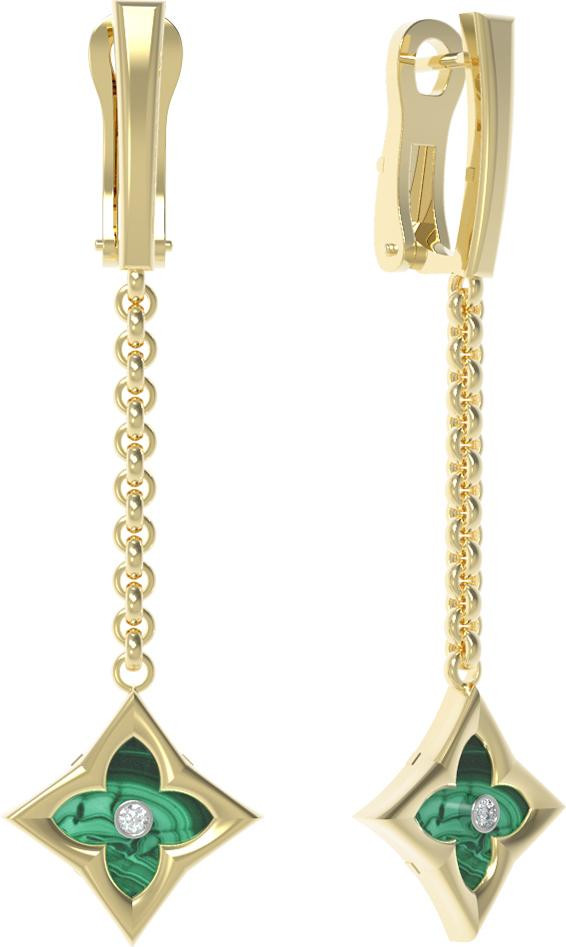 Серьги из лимонного золота c бриллиантами и малахитом