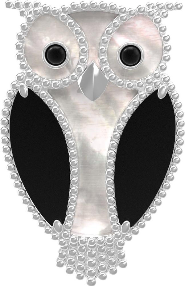 Брошь из белого золота c эмаль , ониксом и перламутром