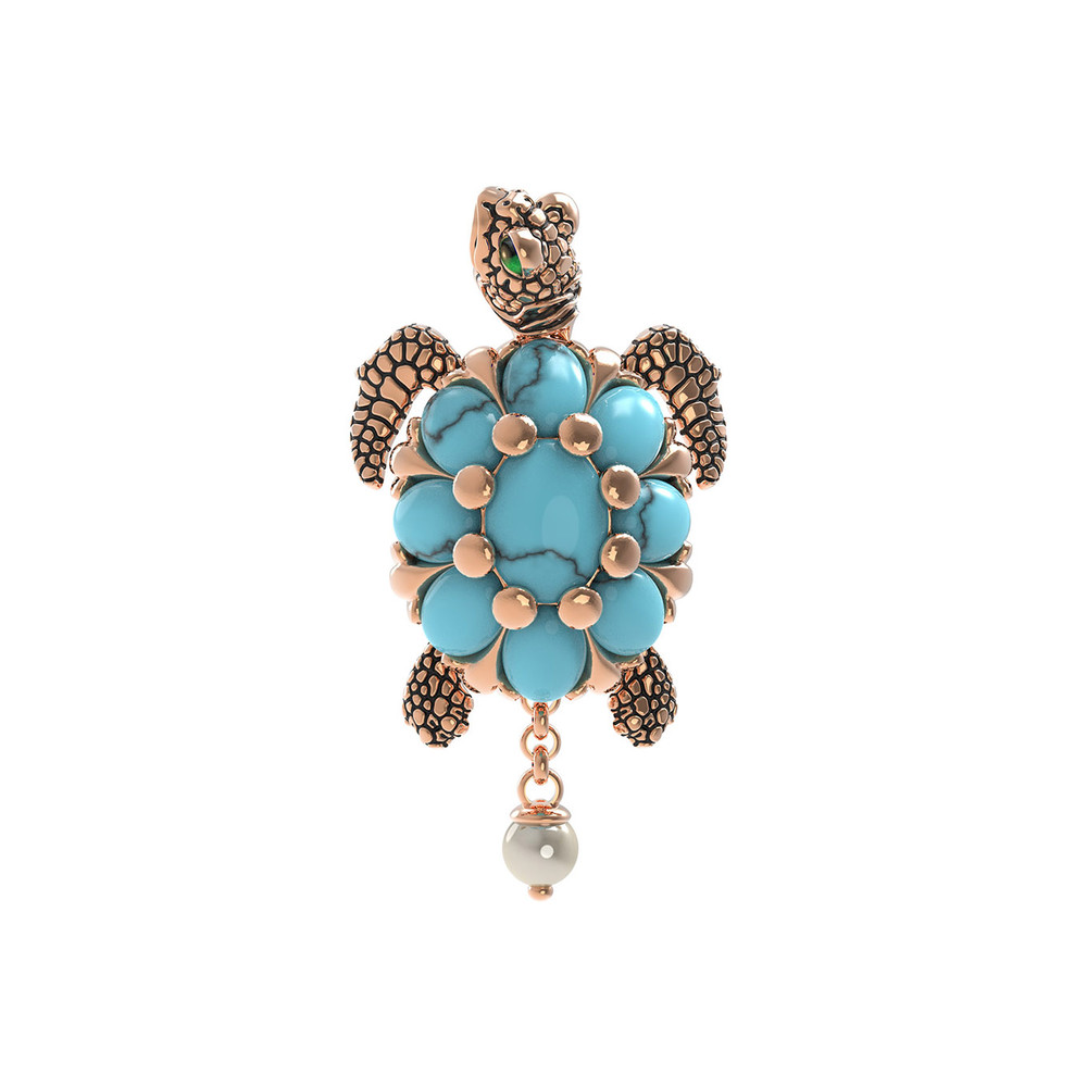 Подвеска из золота c эмаль , жемчугом и бирюзой