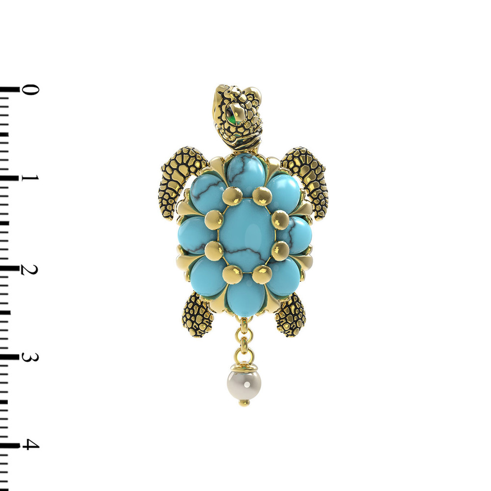 Подвеска из лимонного золота c эмаль , жемчугом и бирюзой