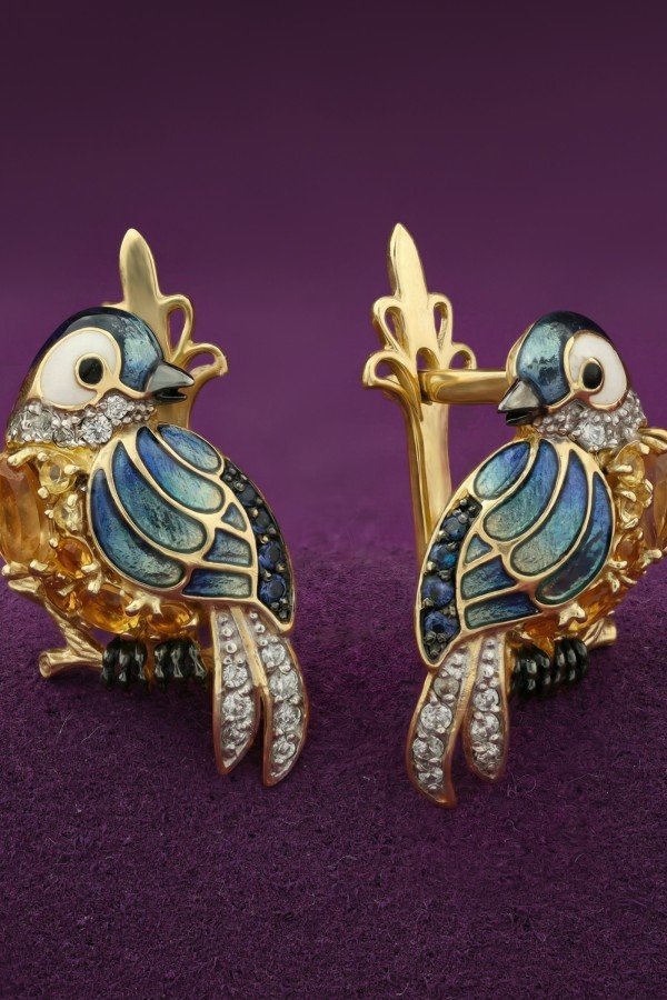 Серьги из лимонного золота c эмаль , фианитом, цитрином и сапфиром