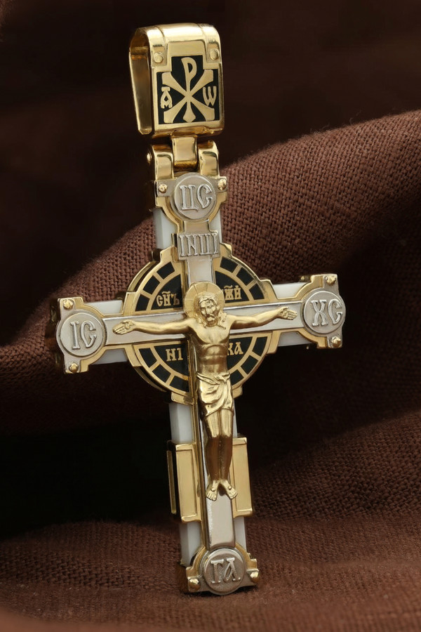 Крест из лимонного золота c эмалью и бивнем мамонта