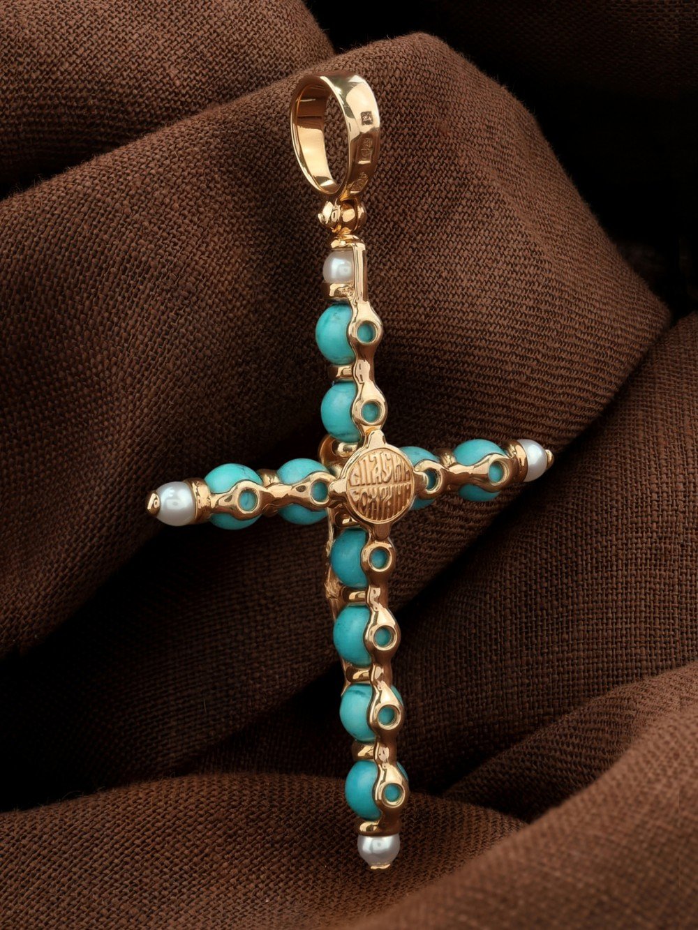 Крест из золота c жемчугом и бирюзой