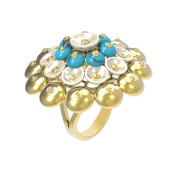 Кольцо из лимонного золота c бирюзой и перламутром