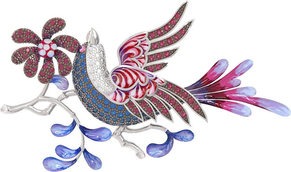 Брошь из белого золота c эмаль и фианитом