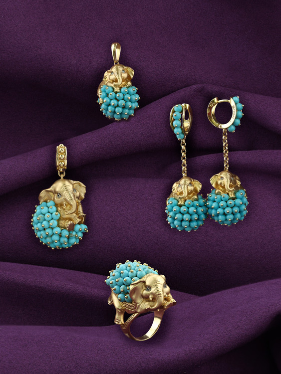 Серьги из лимонного золота c эмалью и бирюзой