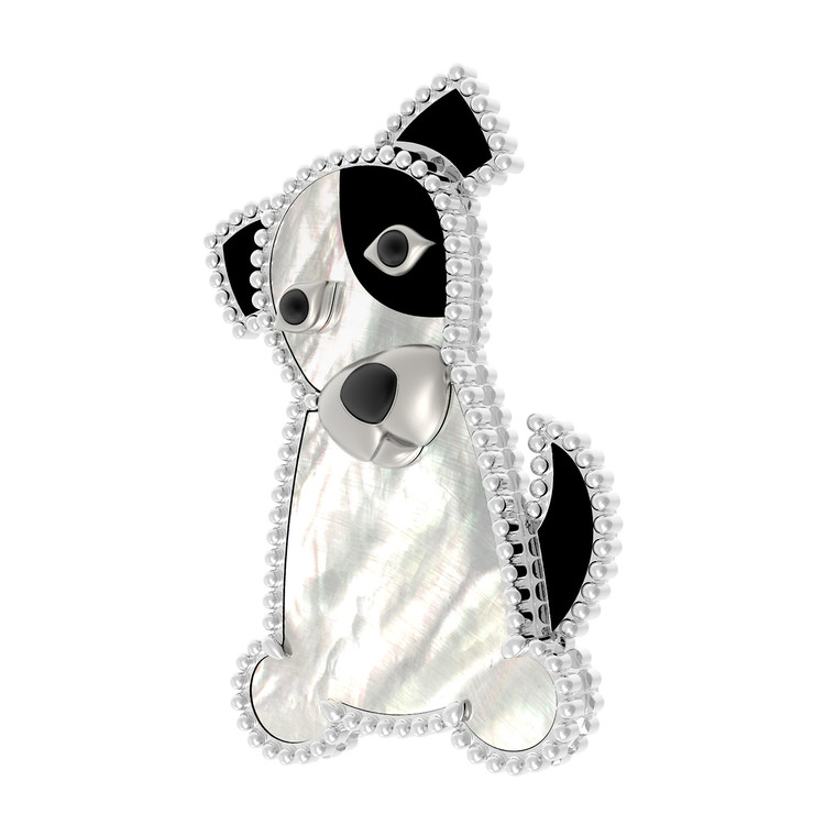 Брошь из белого золота c эмаль , ониксом и перламутром