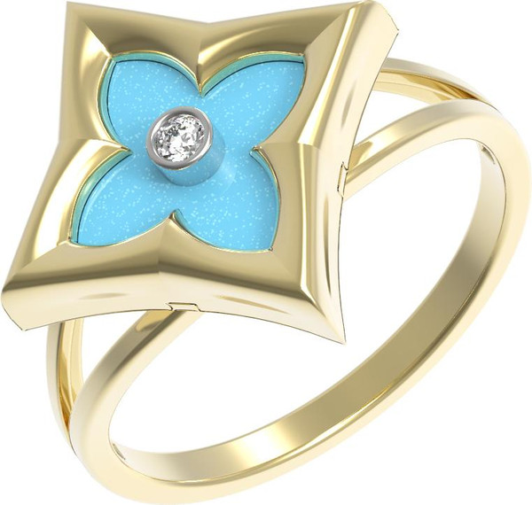 Кольцо из лимонного золота c бриллиантами и бирюзой