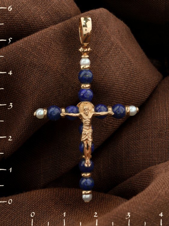 Крест из золота c жемчугом и лазуритом