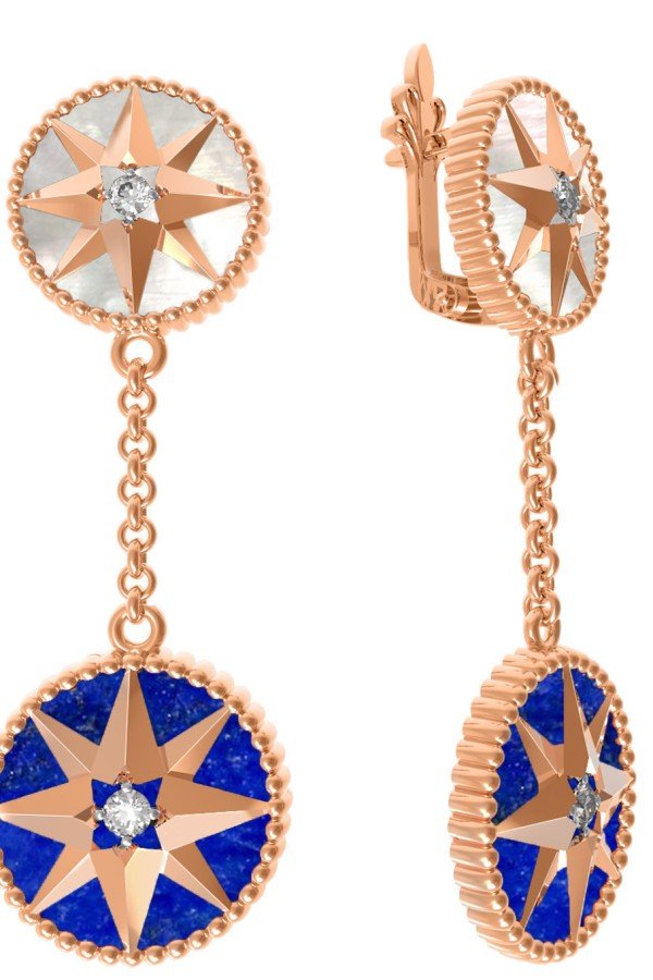 Серьги из золота c фианитом, лазуритом и перламутром