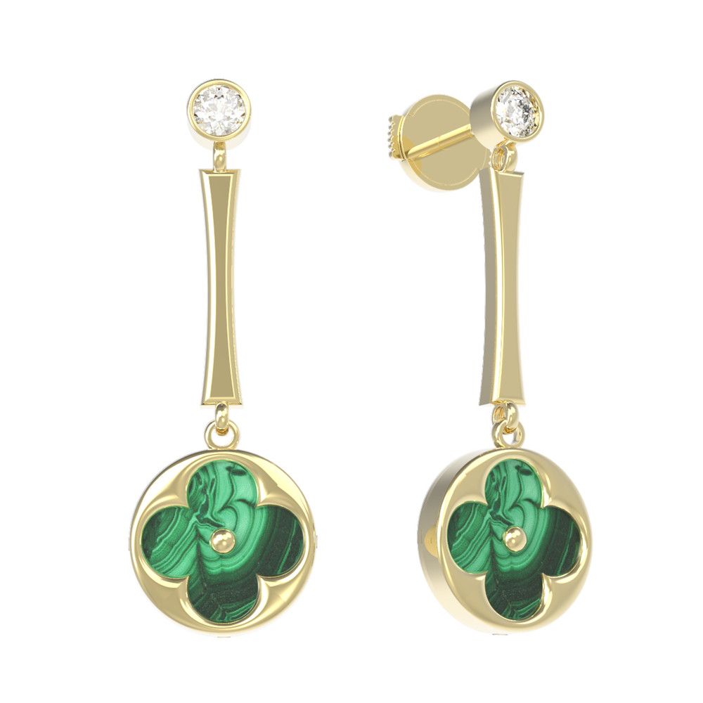 Серьги из лимонного золота c фианитом и малахитом