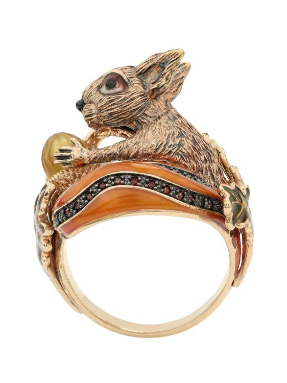 Кольцо из золота c эмалью, гранатом и янтарём