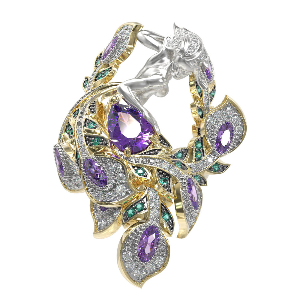 Кольцо из лимонного золота c фианитом и аметистом