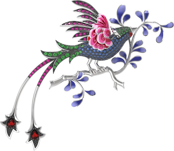 Брошь из белого золота c эмаль , фианитом и гранатом