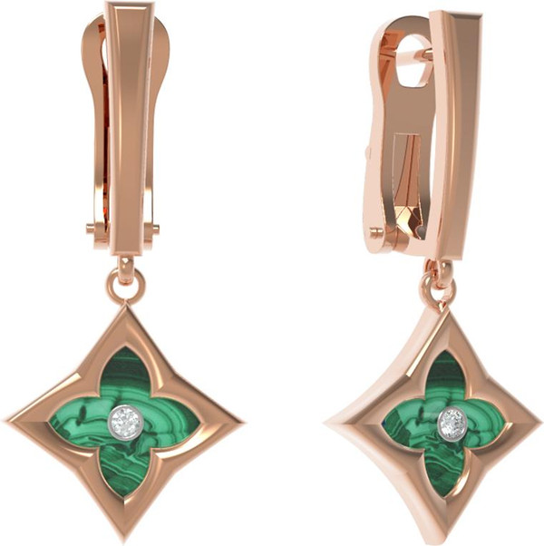 Серьги из золота c бриллиантами и малахитом