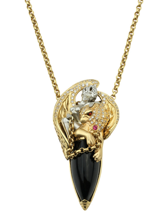 Колье из лимонного золота c эмаль , бриллиантами, рубином, ониксом и рубином