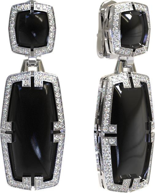 Серьги из белого золота c бриллиантами, рубином и ониксом