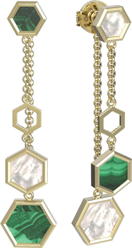 Серьги из лимонного золота c малахитом и перламутром