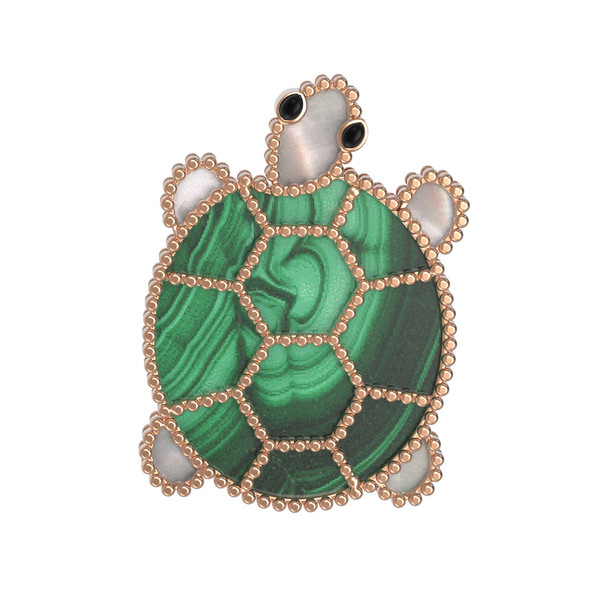 Брошь из золота c эмаль , малахитом и перламутром