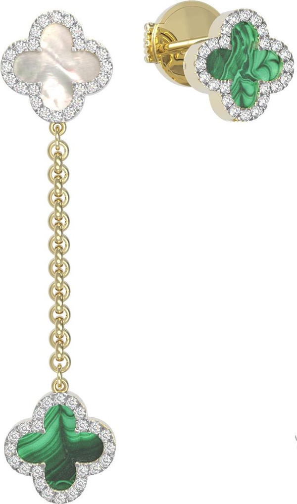 Серьги из лимонного золота c бриллиантами, малахитом и перламутром