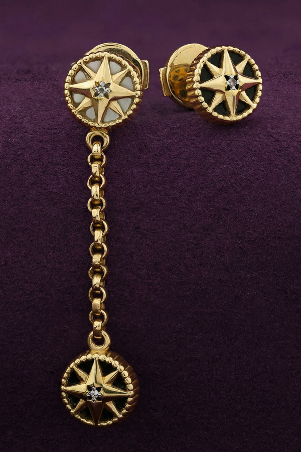 Серьги из лимонного золота c бриллиантами, ониксом и перламутром