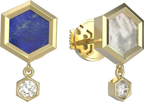 Серьги из лимонного золота c бриллиантами, лазуритом и перламутром