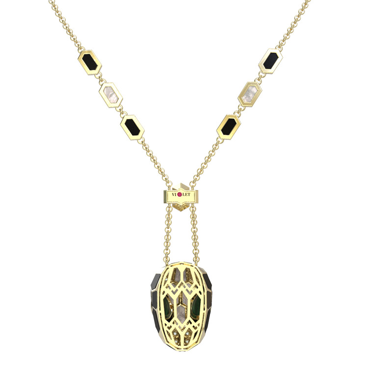 Колье из лимонного золота c бриллиантами, рубином, ониксом, малахитом и перламутром