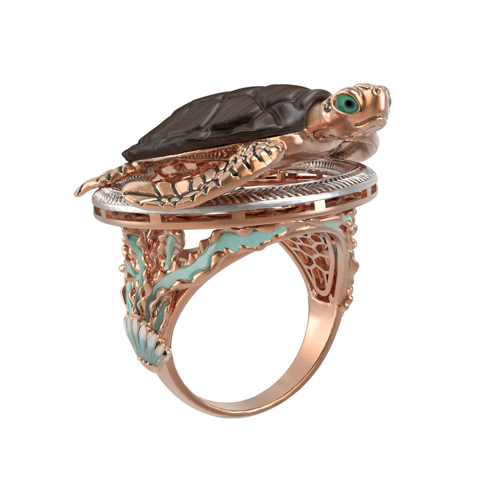 Кольцо из золота c эмаль и железным деревом