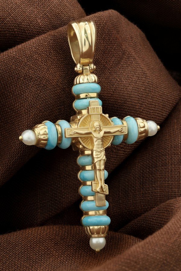 Крест из лимонного золота c жемчугом и бирюзой