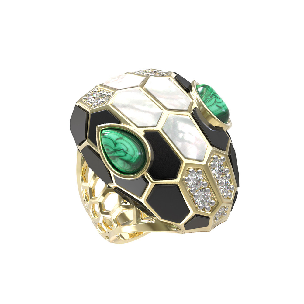 Кольцо из лимонного золота c бриллиантами, рубином, ониксом, малахитом и перламутром
