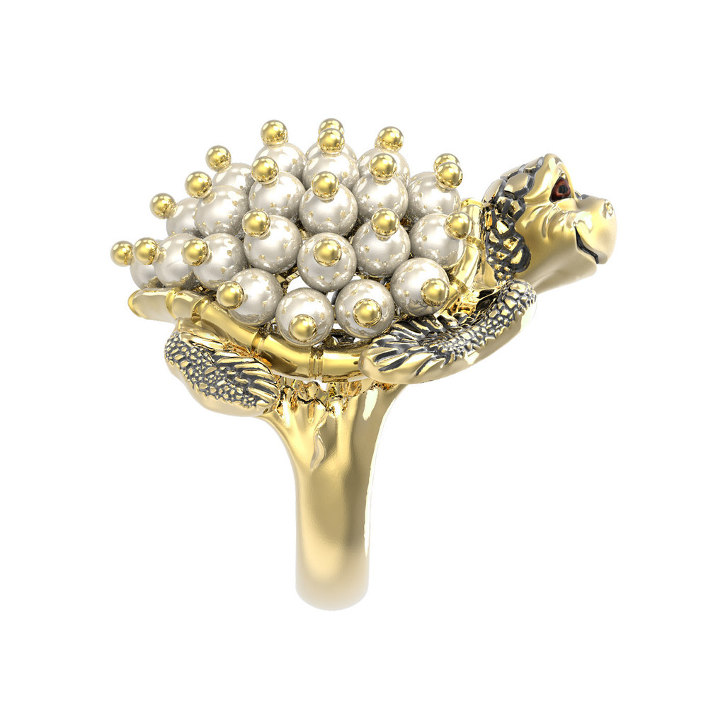 Кольцо из лимонного золота c эмалью и жемчугом