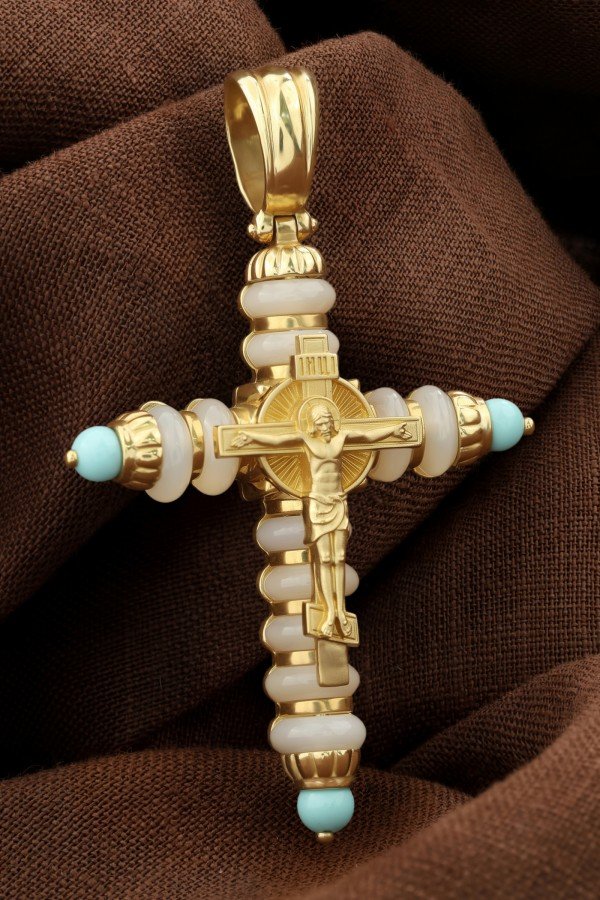 Крест из лимонного золота c бирюзой и кахолонгом