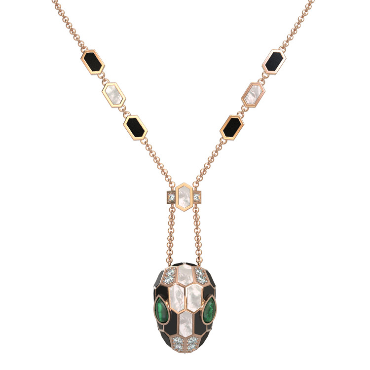 Колье из золота c бриллиантами, рубином, ониксом, малахитом и перламутром