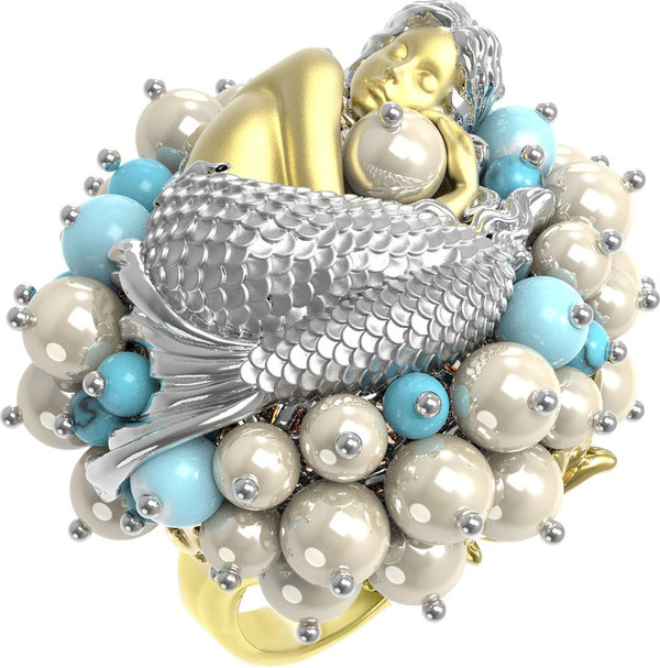 Кольцо из лимонного золота c жемчугом и бирюзой