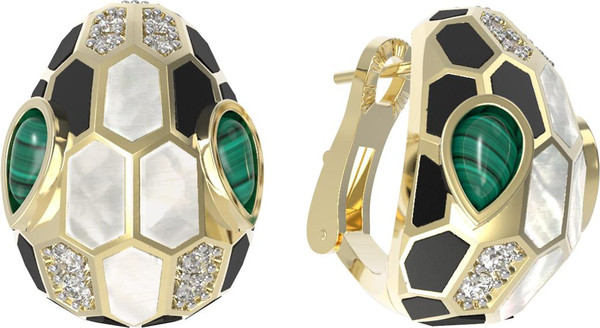 Серьги из лимонного золота c бриллиантами, рубином, ониксом, малахитом и перламутром