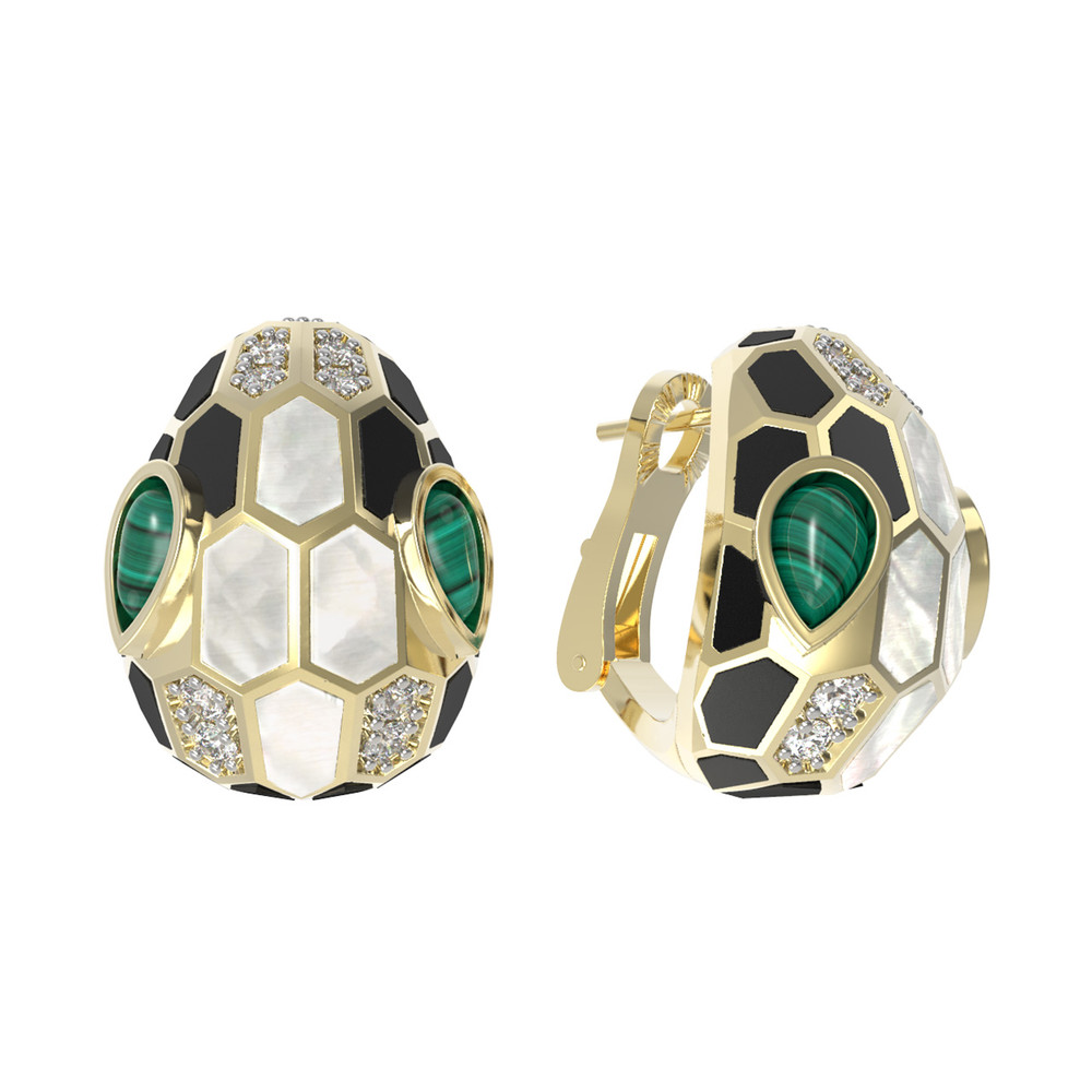 Серьги из лимонного золота c бриллиантами, рубином, ониксом, малахитом и перламутром