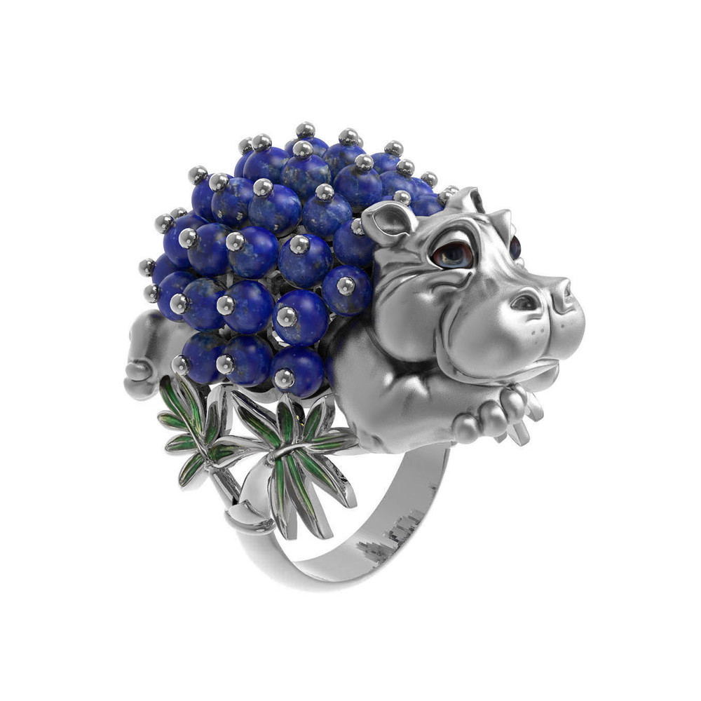 Кольцо из белого золота c эмаль и лазуритом