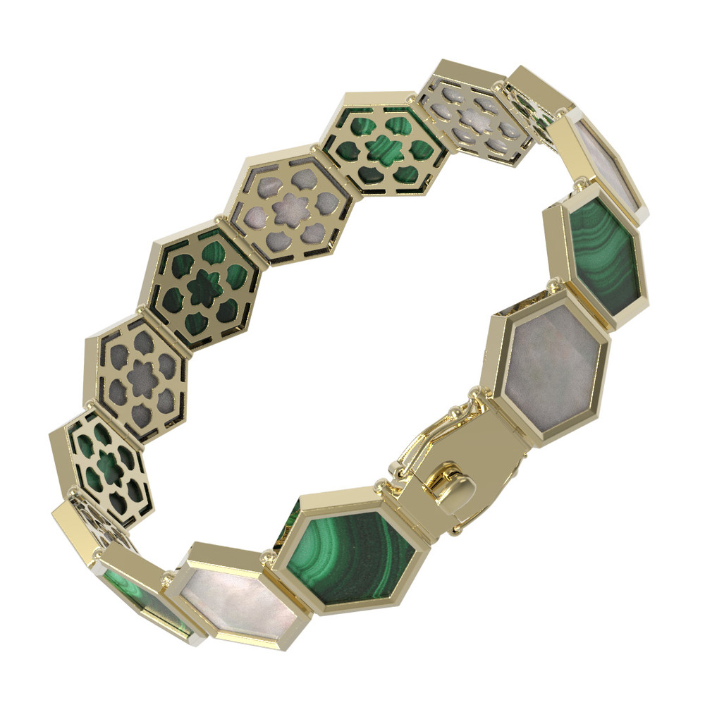 Браслет из лимонного золота c малахитом и перламутром