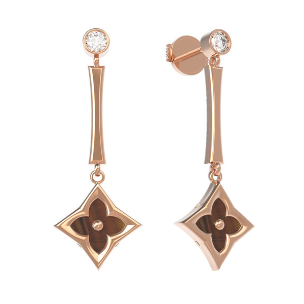 Серьги из золота c фианитом и тигровым глазом