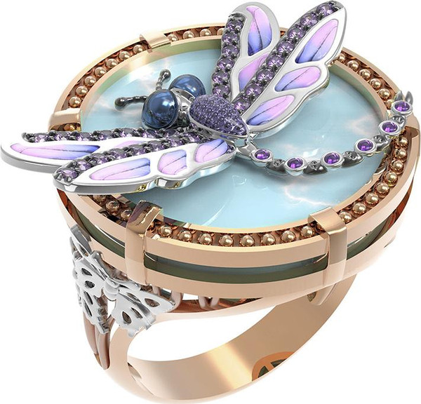 Кольцо из золота c бирюзой, аметистом и эмалью