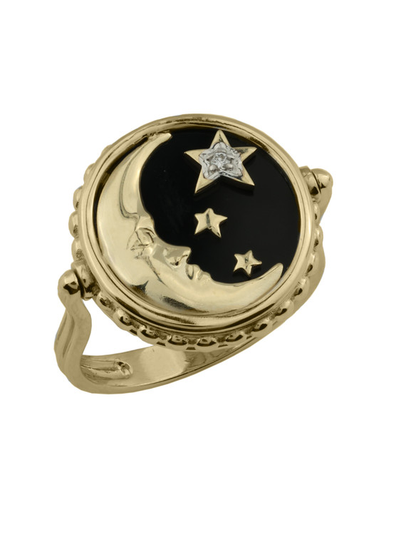 Кольцо из лимонного золота c бриллиантами, ониксом и перламутром