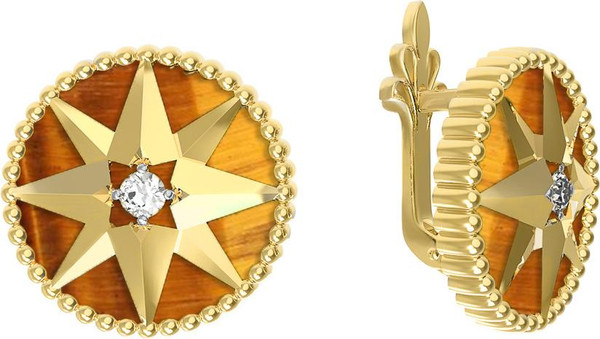 Серьги из лимонного золота c фианитом и тигровым глазом