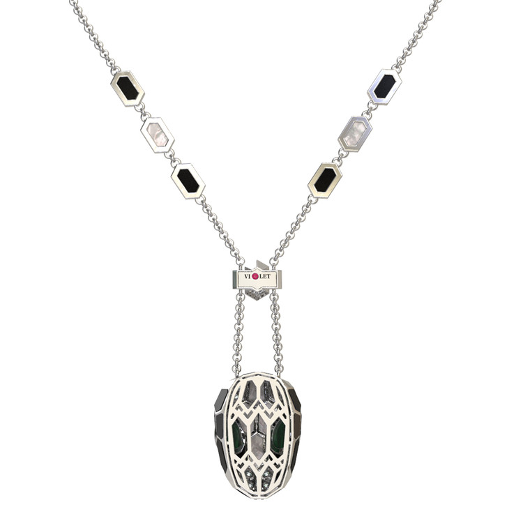 Колье из белого золота c бриллиантами, рубином, ониксом, малахитом и перламутром