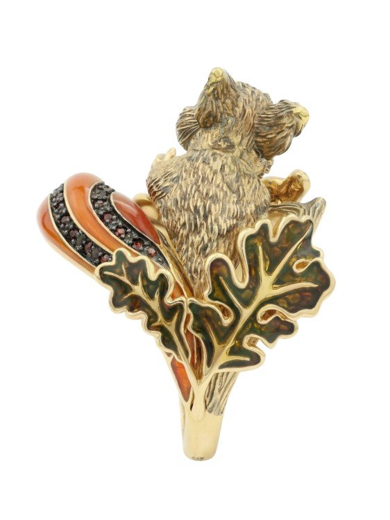 Кольцо из лимонного золота c эмаль , гранатом и янтарём