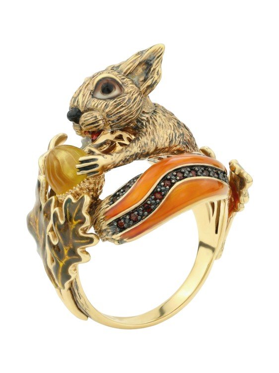 Кольцо из лимонного золота c эмаль , гранатом и янтарём