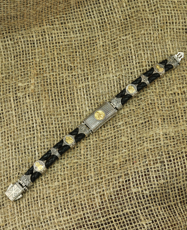 Браслет из серебра и золота c кожаным шнурком