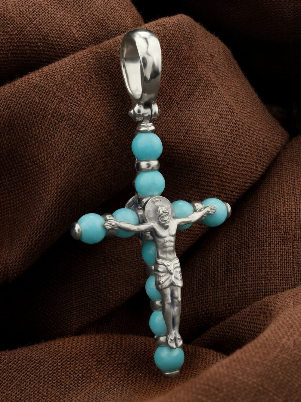 Крест из белого золота c бирюзой