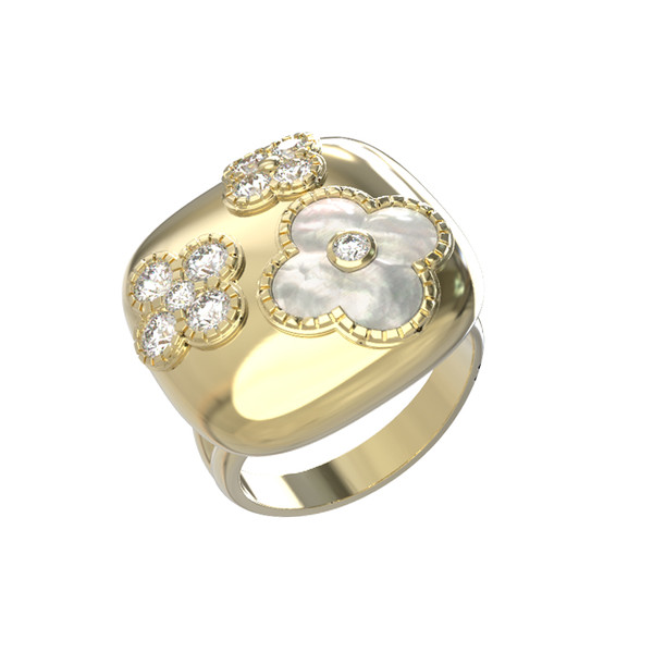 Кольцо из лимонного золота c бриллиантами и перламутром